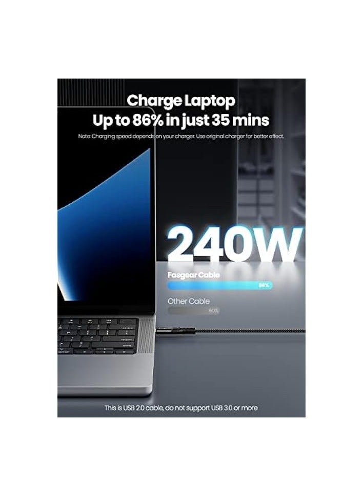 فاسجير كابل USB C إلى USB C بقدرة 240 واط - حزمة واحدة بطول 10 أقدام PD 3.1 USB 2.0 نوع C 5A كابل شحن سريع بزاوية قائمة من النايلون المضفر متوافق مع Surface Book 2 وGoogle Pixel 6 Pro وMac-Book Pro Charger - Image 2