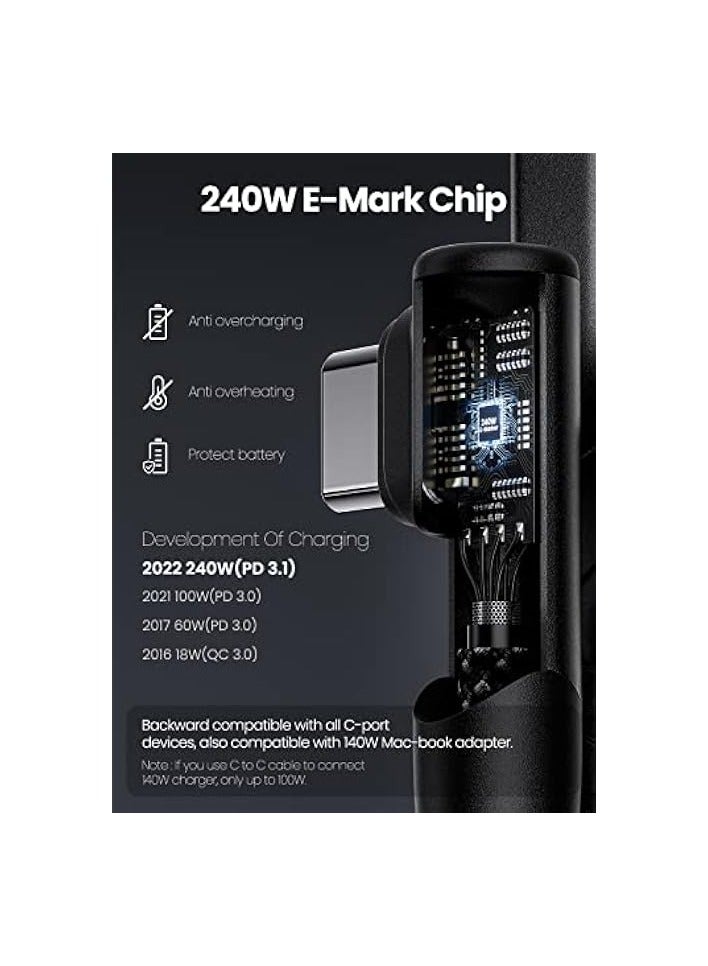 فاسجير كابل USB C إلى USB C بقدرة 240 واط - حزمة واحدة بطول 10 أقدام PD 3.1 USB 2.0 نوع C 5A كابل شحن سريع بزاوية قائمة من النايلون المضفر متوافق مع Surface Book 2 وGoogle Pixel 6 Pro وMac-Book Pro Charger - Image 3