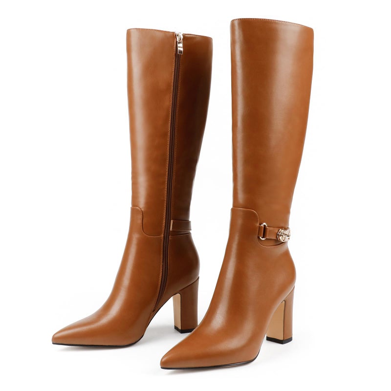 JOY IN LOVE Women's Knee High Boots High Block Heel Pointy Toe Zipper Boots Brown US 10 - Image 1