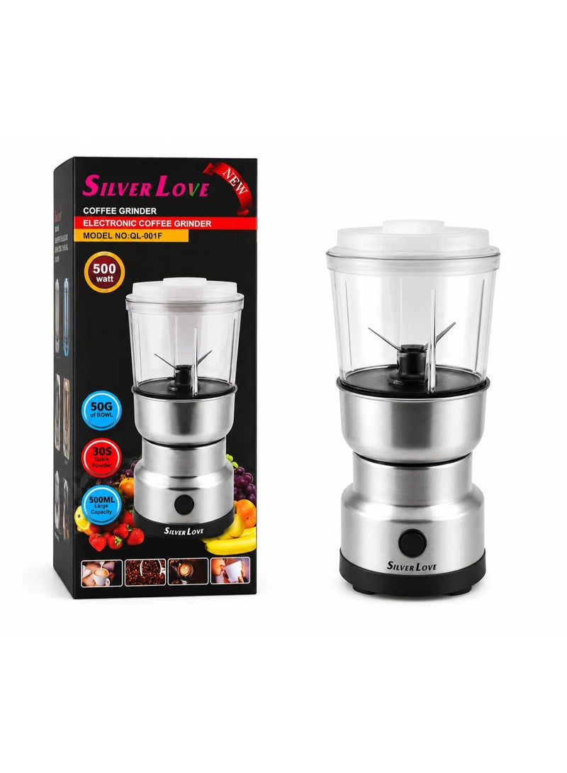 Silver Love Coffee Grinder QL-001F, 500W Electric Coffee & Spice Grinder, 500ml Capacity, Stainless Steel Body, Multi-Purpose Kitchen Grinder, Silver - Image 1