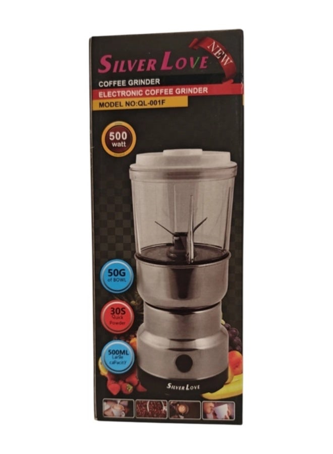 Silver Love Coffee Grinder QL-001F, 500W Electric Coffee & Spice Grinder, 500ml Capacity, Stainless Steel Body, Multi-Purpose Kitchen Grinder, Silver - Image 2