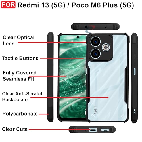 CEDO Redmi 13 (5G)/ Redmi 13 Prime Edition/Poco M6 Plus (5G) Back Case Cover | Camera Protection Shockproof | Acrylic Crystal Clear 360 Degree Protection TPU+PC | Transparent Back Case Cover (Black) - Image 5