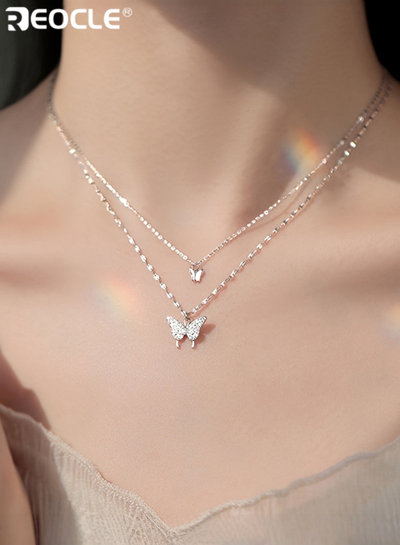 ريوكل نسائي قلادة مزدوجة الطبقة مع قلادة فراشة لهجات متلألئة سلسلة رقيقة مجوهرات عتيق نمط الحد الأدنى ملحق متعدد الاستخدامات مع زخرفة معقدة للملابس اليومية والحفلات - Image 1