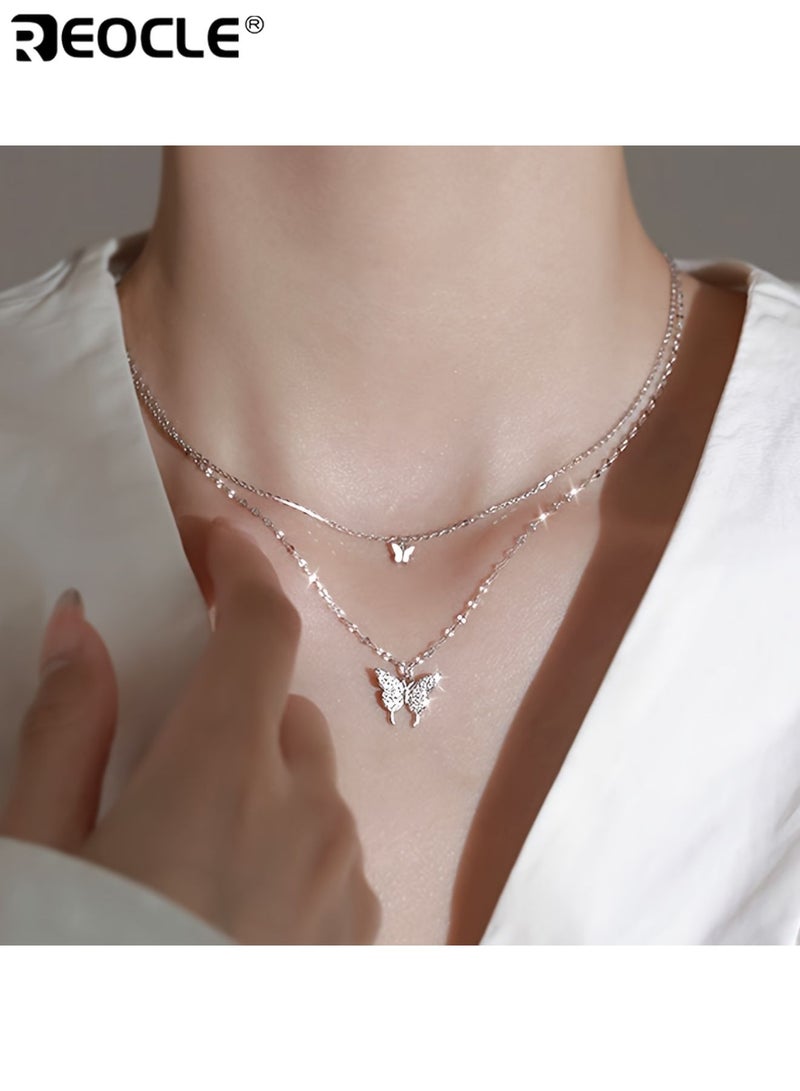 ريوكل نسائي قلادة مزدوجة الطبقة مع قلادة فراشة لهجات متلألئة سلسلة رقيقة مجوهرات عتيق نمط الحد الأدنى ملحق متعدد الاستخدامات مع زخرفة معقدة للملابس اليومية والحفلات - Image 3