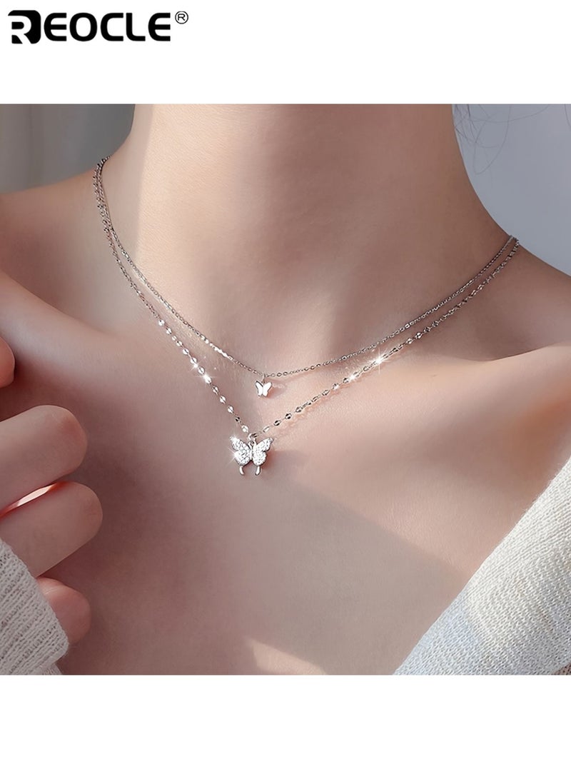 ريوكل نسائي قلادة مزدوجة الطبقة مع قلادة فراشة لهجات متلألئة سلسلة رقيقة مجوهرات عتيق نمط الحد الأدنى ملحق متعدد الاستخدامات مع زخرفة معقدة للملابس اليومية والحفلات - Image 2