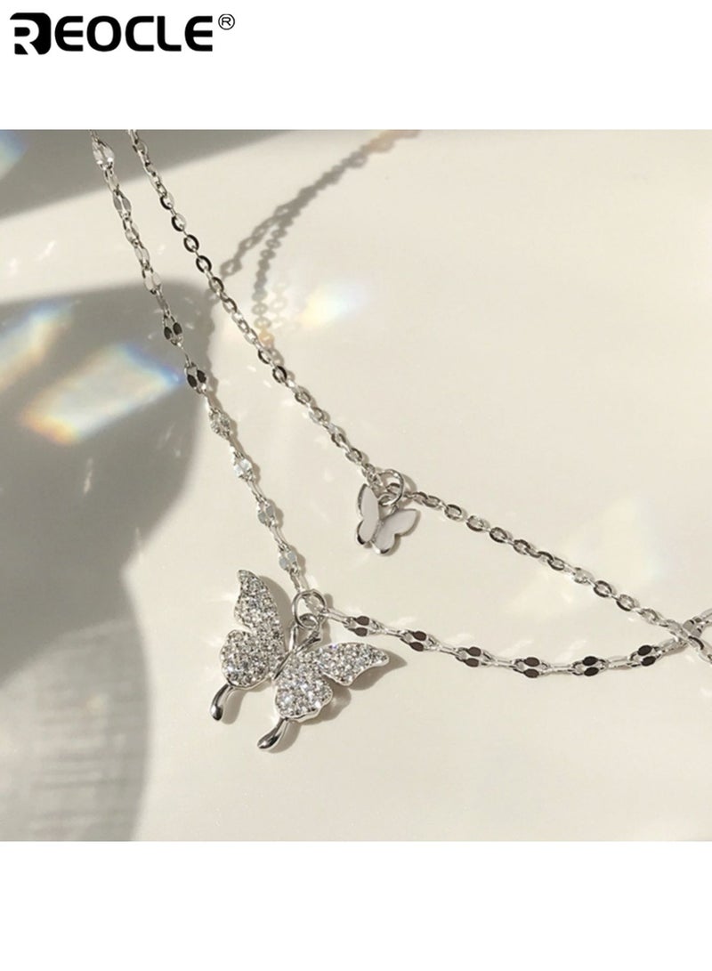 ريوكل نسائي قلادة مزدوجة الطبقة مع قلادة فراشة لهجات متلألئة سلسلة رقيقة مجوهرات عتيق نمط الحد الأدنى ملحق متعدد الاستخدامات مع زخرفة معقدة للملابس اليومية والحفلات - Image 5