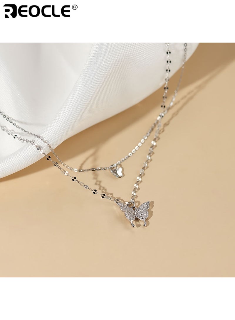 ريوكل نسائي قلادة مزدوجة الطبقة مع قلادة فراشة لهجات متلألئة سلسلة رقيقة مجوهرات عتيق نمط الحد الأدنى ملحق متعدد الاستخدامات مع زخرفة معقدة للملابس اليومية والحفلات - Image 4
