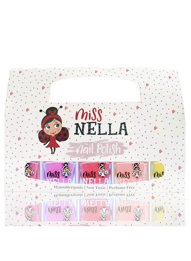 MISS NELLA SUMMER SPARKLE 5 Varnish set- Watermelon- pink, Blueberry- purple, Marshmallow -coral, Peach, Banana- Yellow, Peel Off kids Nail Polish - Image 1