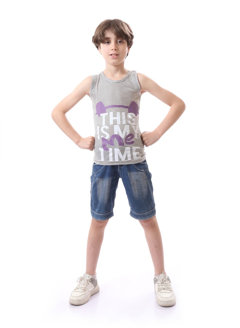 Andora Striped Printed Sleeveless Round Neck Boys Tee - Olive & Purple  - Image 1