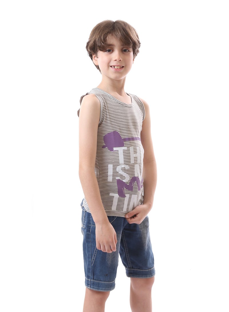 Andora Striped Printed Sleeveless Round Neck Boys Tee - Olive & Purple  - Image 3