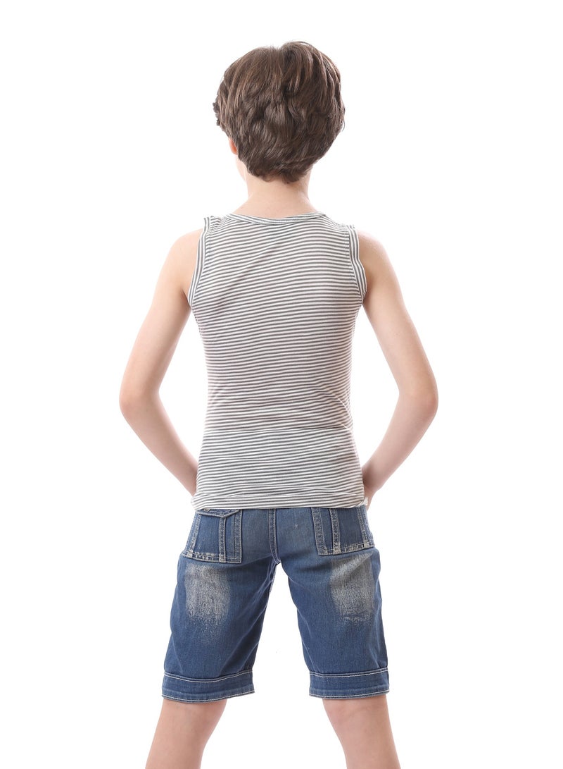 Andora Striped Printed Sleeveless Round Neck Boys Tee - Olive & Purple  - Image 4