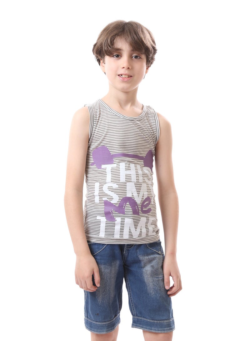Andora Striped Printed Sleeveless Round Neck Boys Tee - Olive & Purple  - Image 2