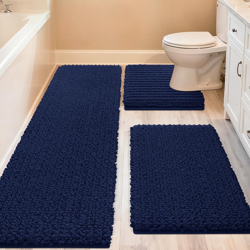 ACCUMTEK Upgrade Extra Large Navy Blue Bathroom Rug Set 3 Pieces Ultra Soft, Thick Absorbent Bath Mats, Non Slip Chenille Toilet Mat for Bathroom, Bedroom, Kitchen - Image 1