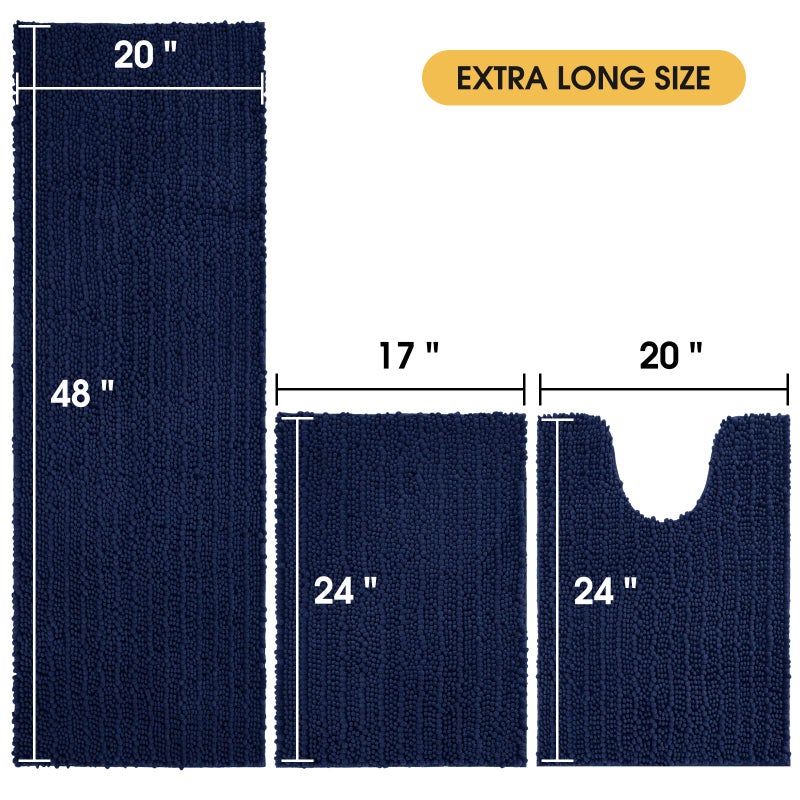 ACCUMTEK Upgrade Extra Large Navy Blue Bathroom Rug Set 3 Pieces Ultra Soft, Thick Absorbent Bath Mats, Non Slip Chenille Toilet Mat for Bathroom, Bedroom, Kitchen - Image 2