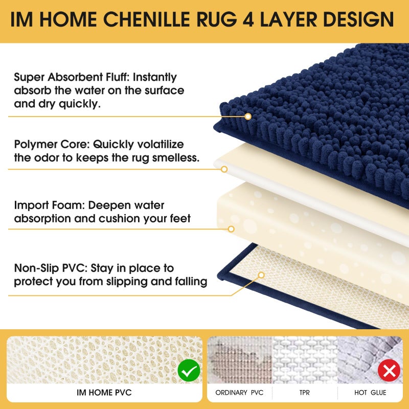 ACCUMTEK Upgrade Extra Large Navy Blue Bathroom Rug Set 3 Pieces Ultra Soft, Thick Absorbent Bath Mats, Non Slip Chenille Toilet Mat for Bathroom, Bedroom, Kitchen - Image 5