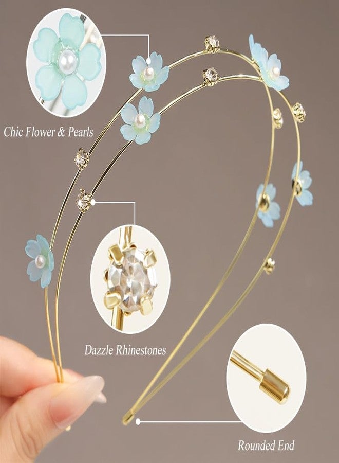 AIBFRID 2PCS Metal Flower Headbands for Women, Thin Non-Slip Hairbands with Rhinestones & Pearls, Cute Bridal Hair Accessories for Women Teens Girls - Image 2