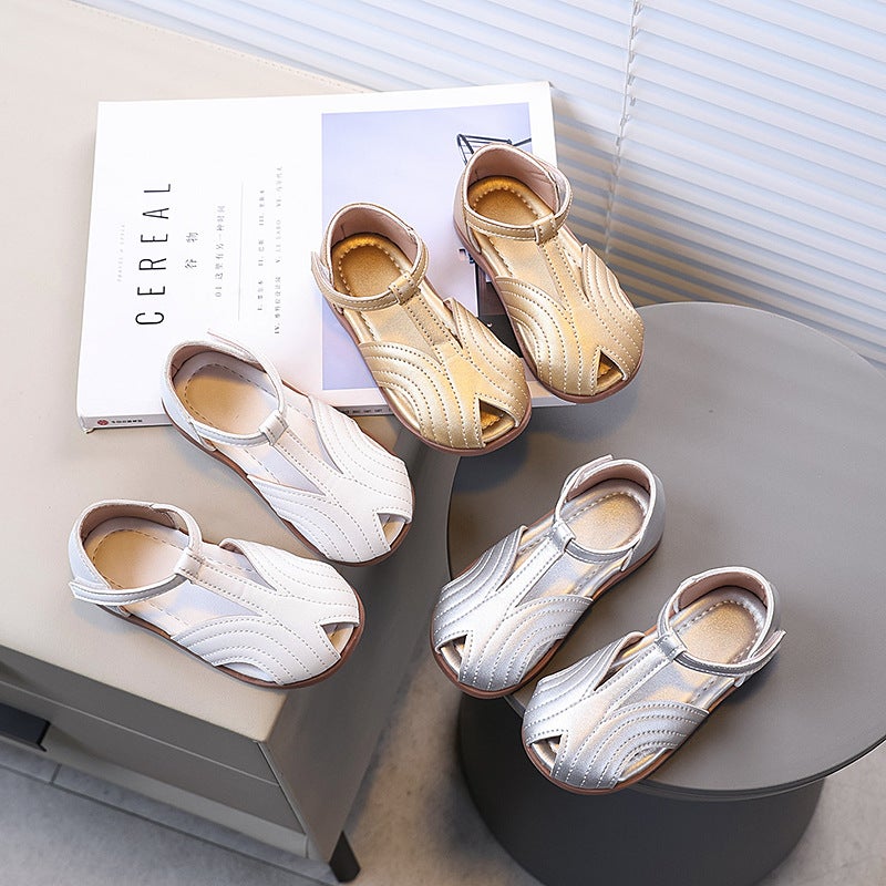 Girls'' silver Peet-toe Sandals 2025 Summer New Children''s Shoes Girls Princess Roman Shoes Children''s Wrap-up Shoes - Image 1