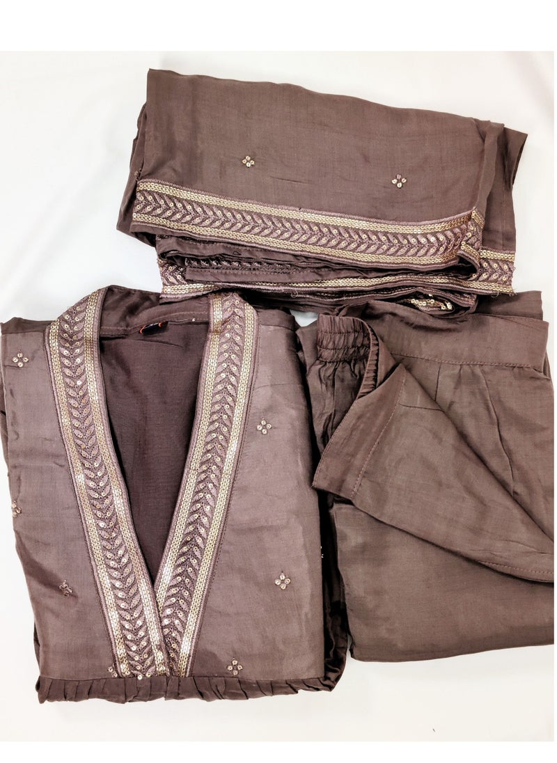 PRIYA’S PANACHE - PRIYA'S PANACHE Brown Muslin Collared Kurta Pant Dupatta Set - Designer Festival Traditional Ethnic Indian Partywear For Women - Image 1