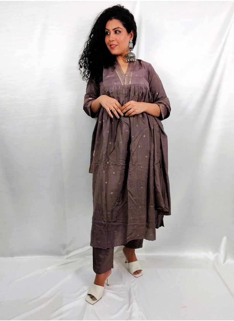 PRIYA’S PANACHE - PRIYA'S PANACHE Brown Muslin Collared Kurta Pant Dupatta Set - Designer Festival Traditional Ethnic Indian Partywear For Women - Image 1