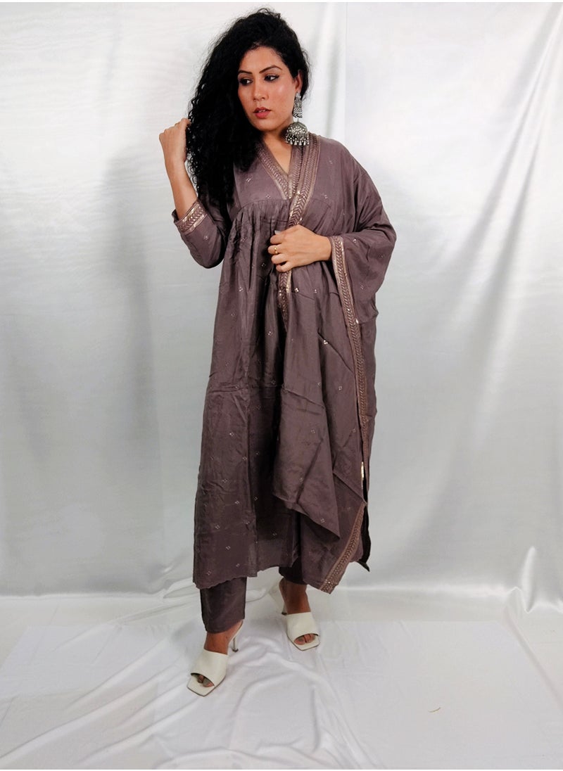 PRIYA’S PANACHE - PRIYA'S PANACHE Brown Muslin Collared Kurta Pant Dupatta Set - Designer Festival Traditional Ethnic Indian Partywear For Women - Image 1