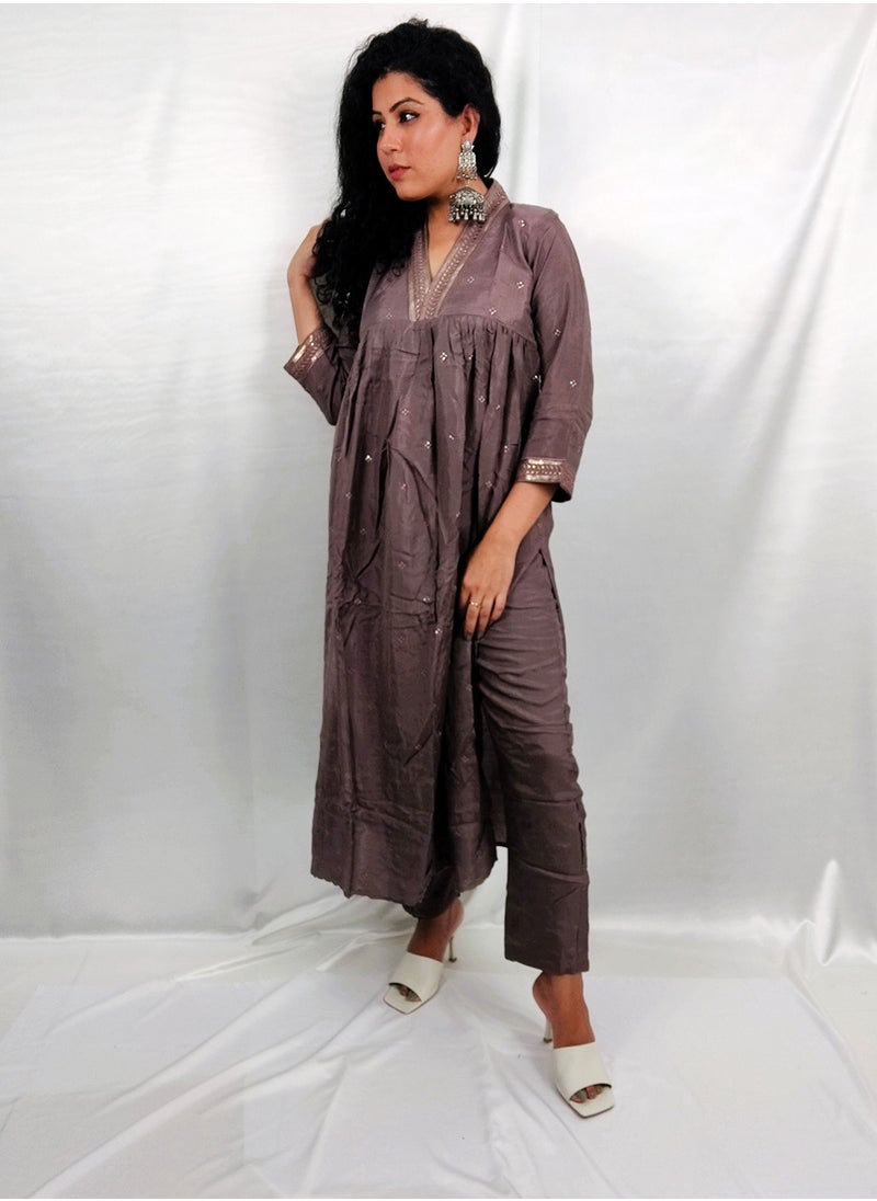 PRIYA’S PANACHE - PRIYA'S PANACHE Brown Muslin Collared Kurta Pant Dupatta Set - Designer Festival Traditional Ethnic Indian Partywear For Women - Image 1