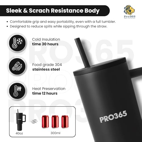 PRO365 Premium Vacuum Insulated Stainless Steel Tumbler 40oz 1200ML | Food Grade SS Lid & Straw | Hot & Cold Beverage Travel Cup | Skin Edition | 1 Year Warranty (Black) - Image 5