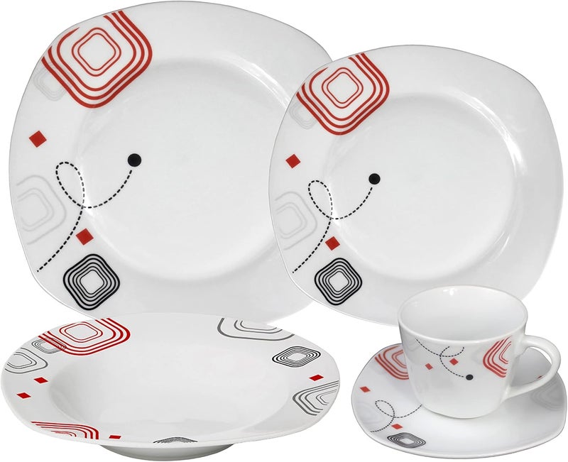 Stylish and Elegant 20 Pieces Porcelain Square Dinnerware Set Service for 4 People for Hosting Parties and Events  Fun Geometrical Theme Design - Image 1
