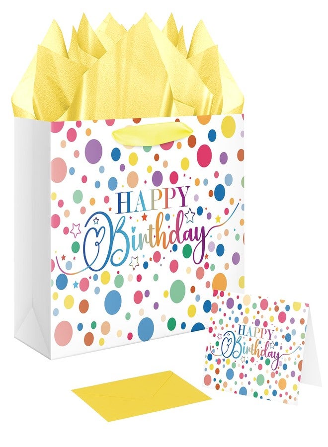 XiaosRen 12.6" Large Dots Happy Birthday Gift Bag with Card and Tissue Papers for Kids Presents Wrapping, Party Favors. - Image 1