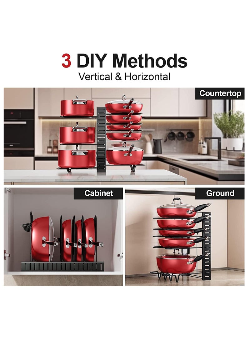 TYCOM Pots and Pans Organizer for Cabinet,Kitchen Organizer and Storage Rack,Space Saving Stand with Adjustable Dividers,8 Layer Double Sided With Iron Wire Black. - Image 3