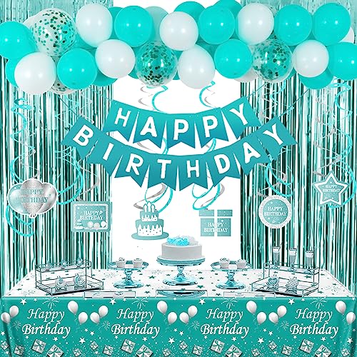 Nigifter Teal Birthday Decorations for Girls Women Happy Birthday Decorations for Women Birthday Party Balloons Decor with Foil Backdrop Tablecloth Happy Birthday Banner Bday Party Supplies for Her - Image 1