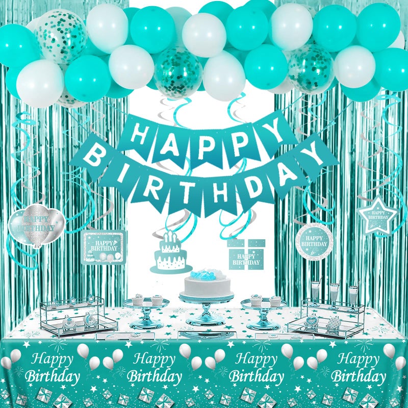 Nigifter Teal Birthday Decorations for Girls Women Happy Birthday Decorations for Women Birthday Party Balloons Decor with Foil Backdrop Tablecloth Happy Birthday Banner Bday Party Supplies for Her - Image 2