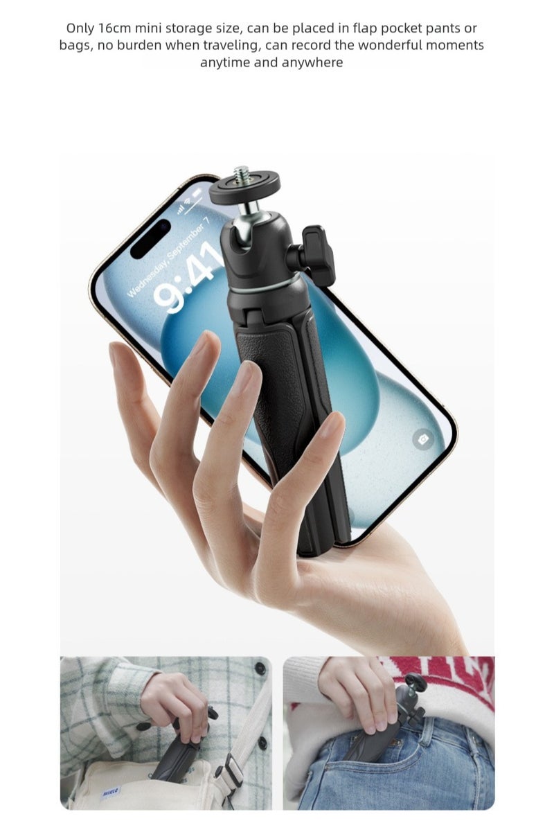 aMagisn مقاس 16 سم للجيب، 2-في-1 حامل ثلاثي صغير + عصا سيلفي، تمديد ألومنيوم 15–30 سم، رأس كروي 360°، قواعد مطاطية مانعة للانزلاق — حامل ثلاثي صغير(أسود) - Image 4
