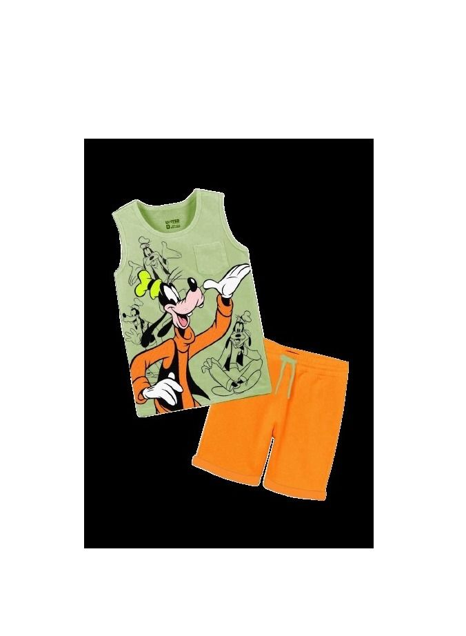 Boys' two-piece set, green T-shirt and orange shorts 