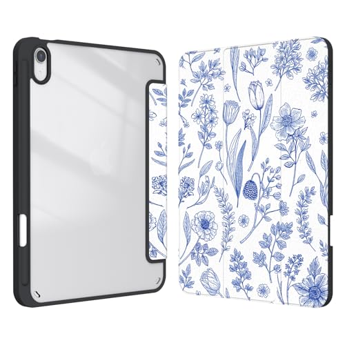 Xkladz Case for iPad (A16) 11th Generation (2025) 11 inch, iPad 10th Generation 2022 10.9 inch, Case with Pencil Holder, Clear Back Cover Cute Design for Women Girl, Auto Sleep/Wake, Blue Flower - Image 1