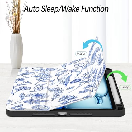 Xkladz Case for iPad (A16) 11th Generation (2025) 11 inch, iPad 10th Generation 2022 10.9 inch, Case with Pencil Holder, Clear Back Cover Cute Design for Women Girl, Auto Sleep/Wake, Blue Flower - Image 2