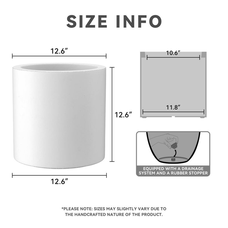 Kante 12.6" Dia Round Concrete Planter, Modern Style Large Cylindrical Plant Pot with Drainage Hole and Rubber Plug for Indoor Outdoor Patio, Pure White - Image 2