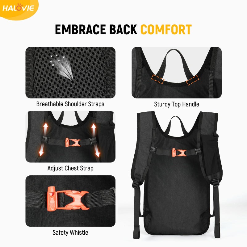 HALOVIE 15L Foldable Hiking Backpack Phone Pocket Lightweight Travel Daypack Shoulder with Chest Strap Small Packable Pack for Walking Women Men (Black) - Image 5