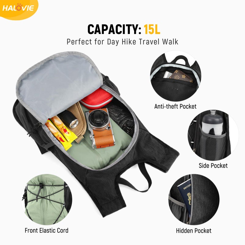 HALOVIE 15L Foldable Hiking Backpack Phone Pocket Lightweight Travel Daypack Shoulder with Chest Strap Small Packable Pack for Walking Women Men (Black) - Image 3