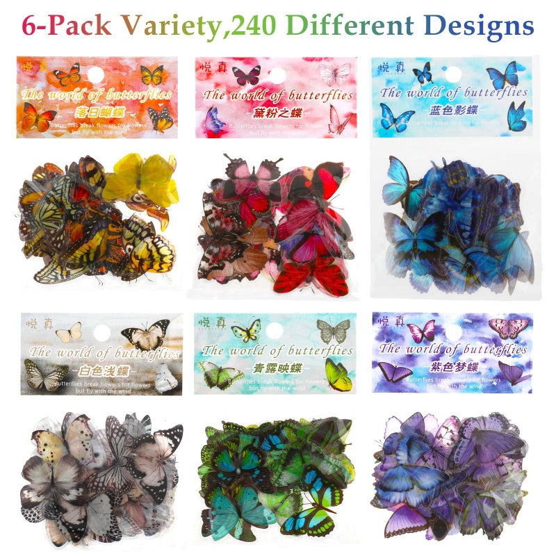 COMNICO 240PCS Butterfly Stickers, PET Waterproof Transparent Colorful Resin Decals Decorative for Nature Scrapbook Planners Laptops DIY Handbook Paper Crafts - Image 2
