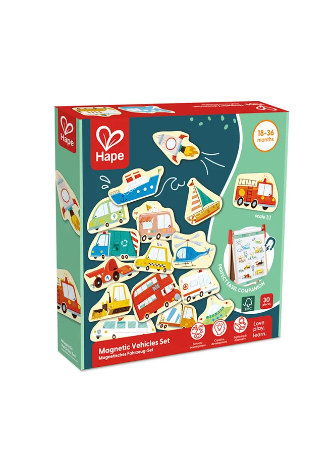 Hape 30-pcs Wooden Magnetic Vehicles Set, Vehicles Magnets, Suitable for 18 months & Up, Educational Toys,Magnet Toys