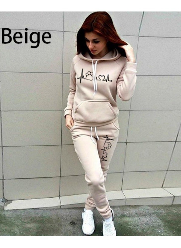 NIBEMINENT 2-Piece Sports Tracksuit Long Sleeve Hoodies Sweatpants Set Beige  - Image 1