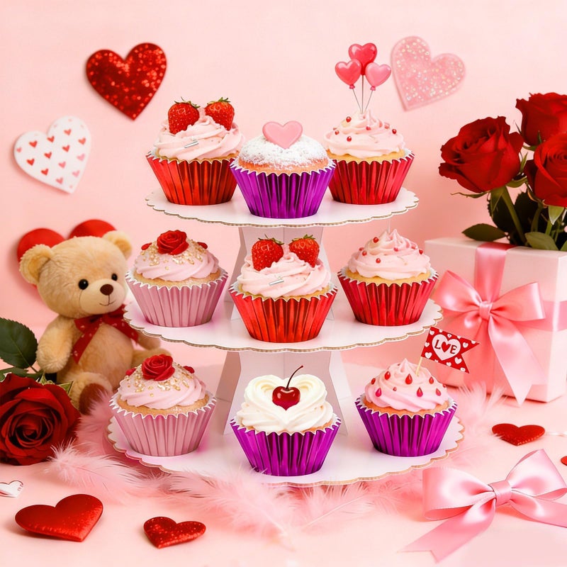 SANNIX 450Pcs Valentine's Day Foil Cupcake Liners Red Pink Cupcake Wrappers Foil Metallic Muffin Liners Baking Cups for Valentines Wedding Party Decorations Supplies - Image 5