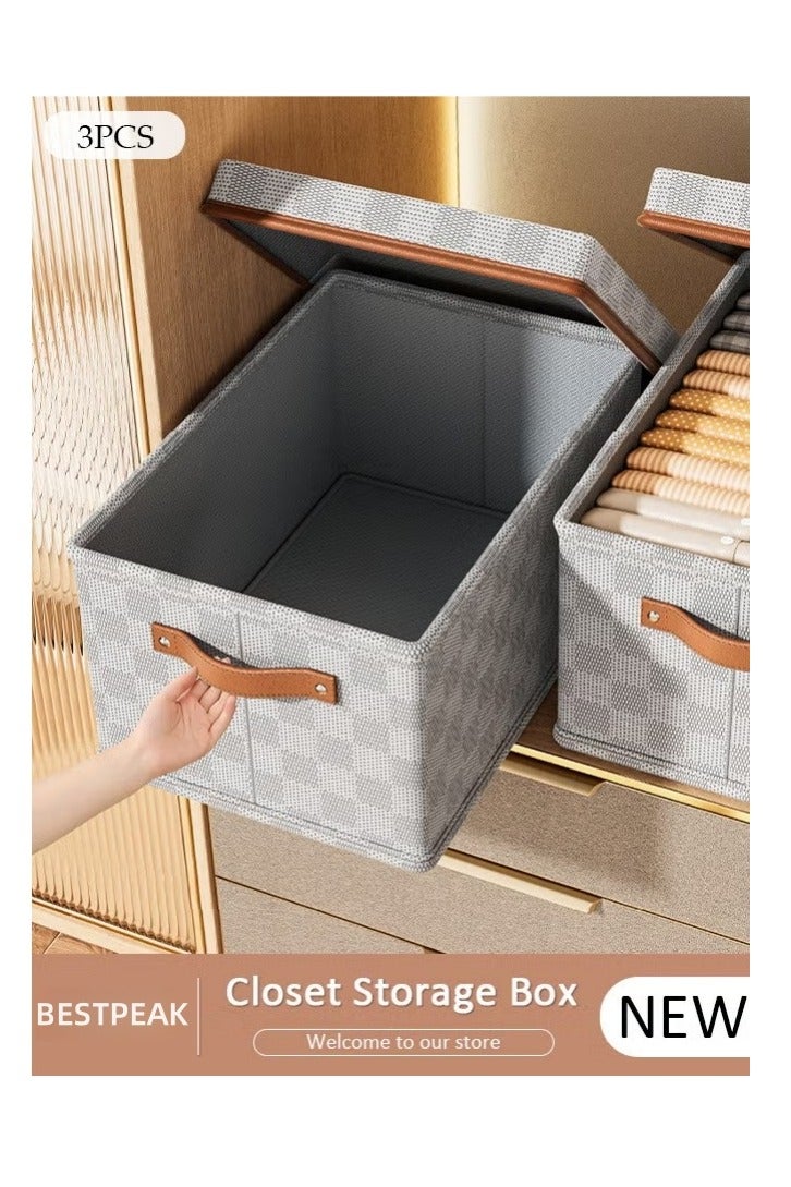 أفضل ذروة مجموعة من 3 منظمات خزانة ملابس مع أغطية ومقابض، منظمات ملابس قابلة للتكديس، سلال تخزين خزانة ملابس قابلة للطي، صناديق تخزين مكعبة للملابس، والقمصان، والجينز، والسترات، والألعاب، والكتب (26 لترًا) - Image 1