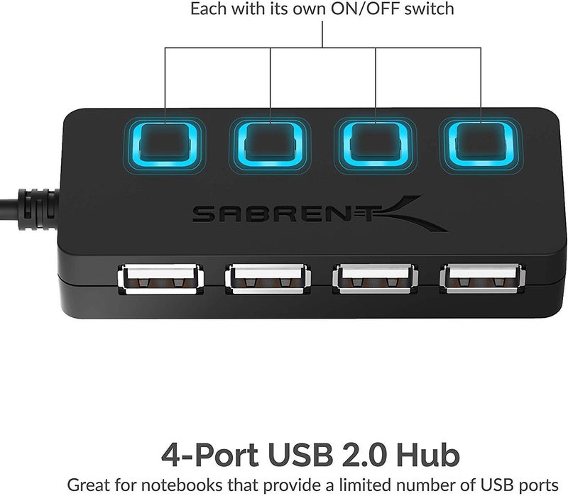 SABRENT 4 Port USB 2.0 Data Hub with Individual LED lit Power Switches [Charging NOT Supported] for Mac & PC (HB-UMLS) - Image 3