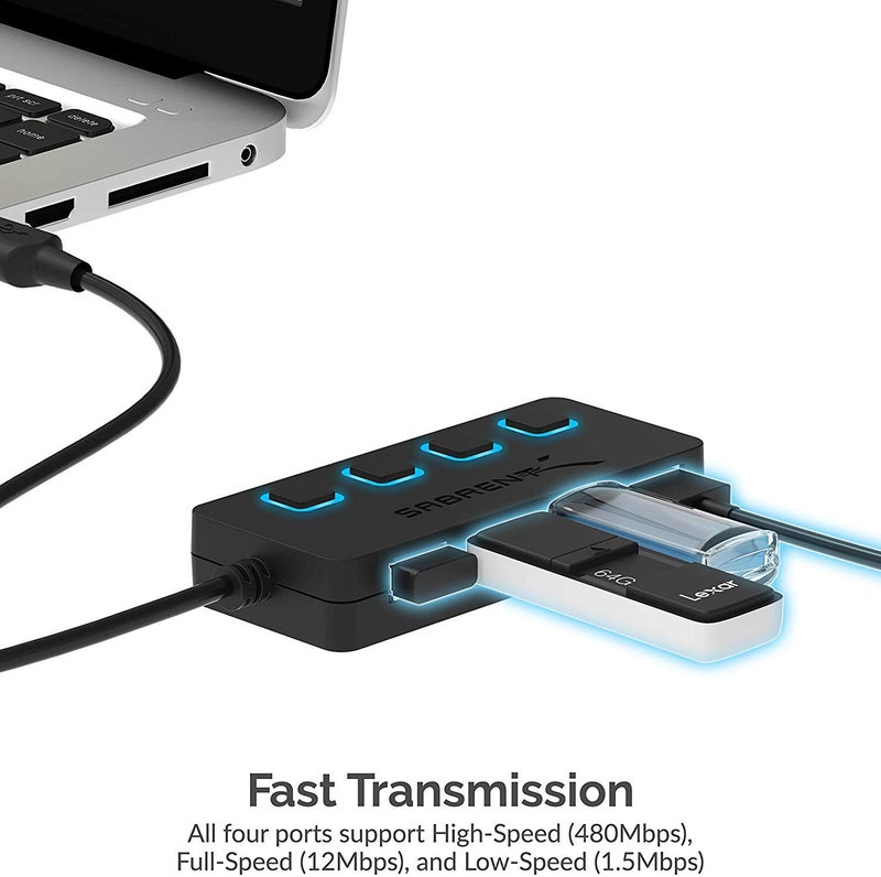 SABRENT 4 Port USB 2.0 Data Hub with Individual LED lit Power Switches [Charging NOT Supported] for Mac & PC (HB-UMLS) - Image 5