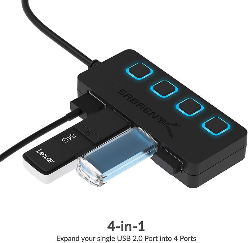 SABRENT 4 Port USB 2.0 Data Hub with Individual LED lit Power Switches [Charging NOT Supported] for Mac & PC (HB-UMLS) - Image 4
