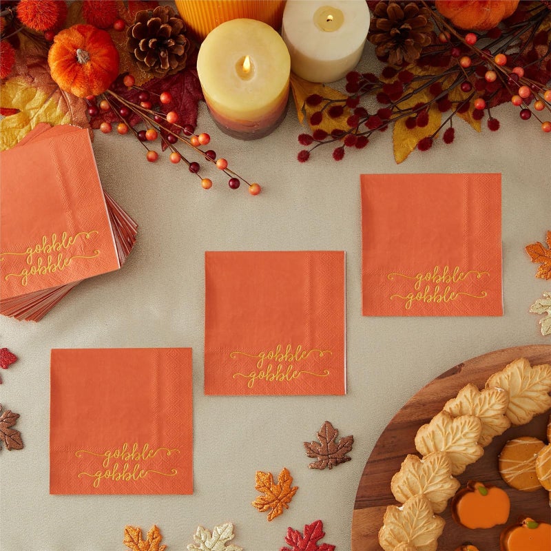 BLUE PANDA Gobble Gobble Cocktail Napkins - 5 x 5 In, Orange, Pack of 50, 3-Ply - Decorative Turkey Napkins for Party Table Decor & Cocktail Party - Image 3