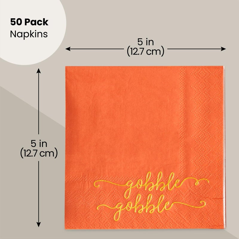 BLUE PANDA Gobble Gobble Cocktail Napkins - 5 x 5 In, Orange, Pack of 50, 3-Ply - Decorative Turkey Napkins for Party Table Decor & Cocktail Party - Image 2