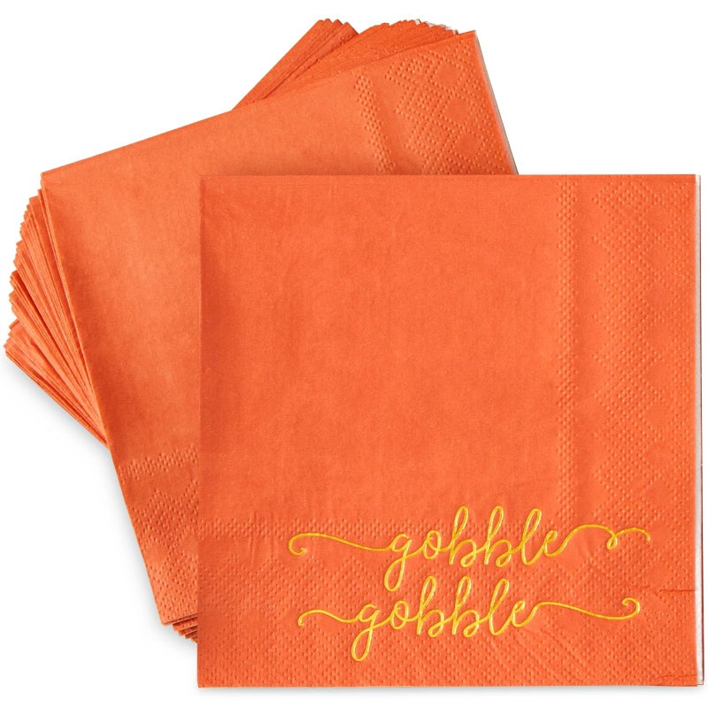 BLUE PANDA Gobble Gobble Cocktail Napkins - 5 x 5 In, Orange, Pack of 50, 3-Ply - Decorative Turkey Napkins for Party Table Decor & Cocktail Party - Image 1