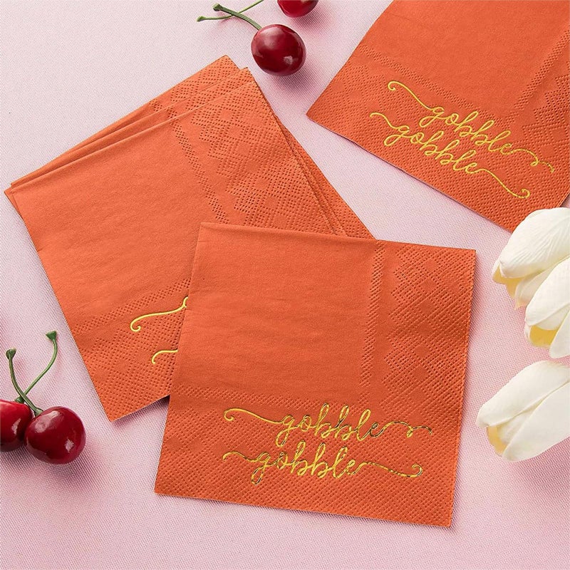 BLUE PANDA Gobble Gobble Cocktail Napkins - 5 x 5 In, Orange, Pack of 50, 3-Ply - Decorative Turkey Napkins for Party Table Decor & Cocktail Party - Image 5